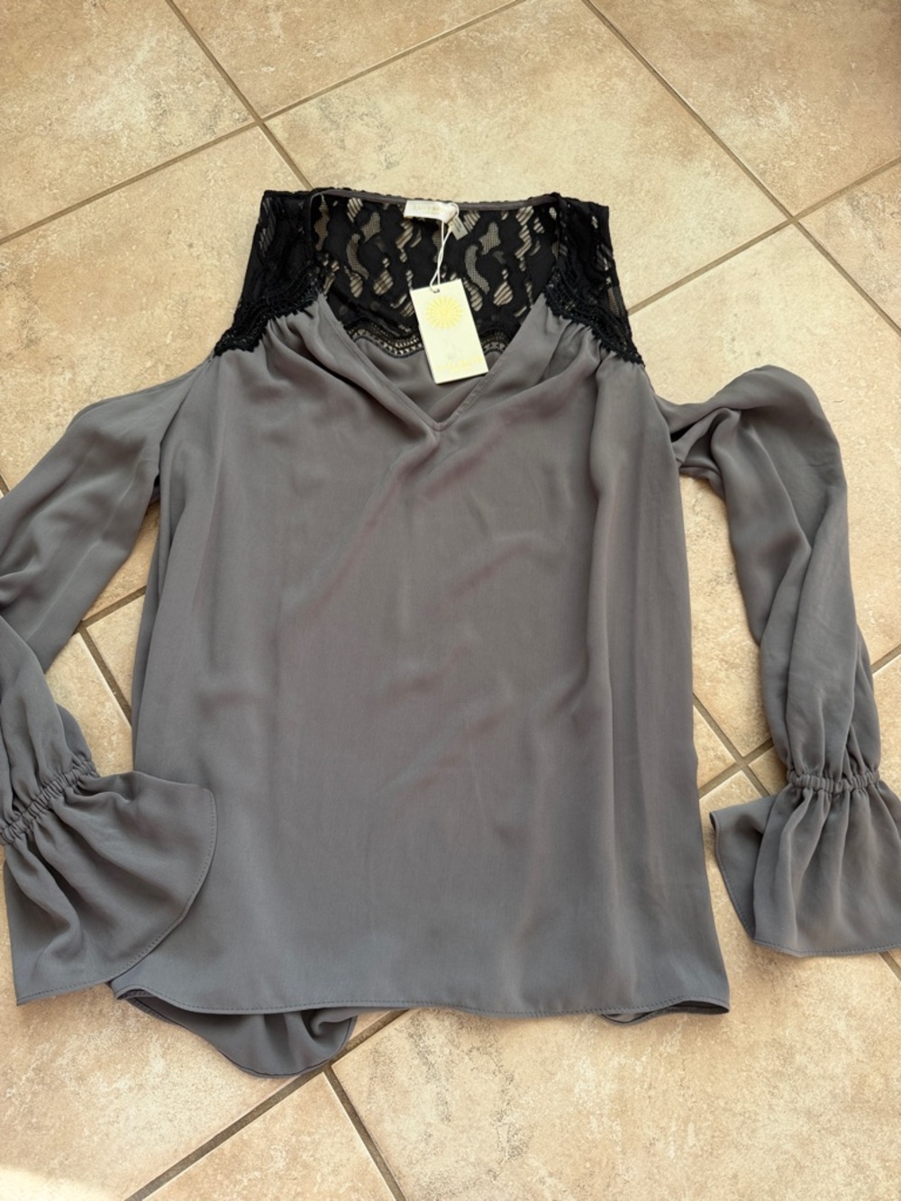 Ramy Brook Gray Cold-Shoulder Blouse with Black Lace Yoke